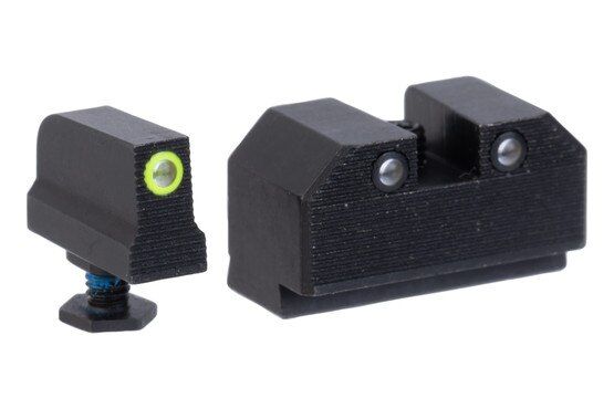 Optic-height night sight set for Walther handguns with yellow front ring.